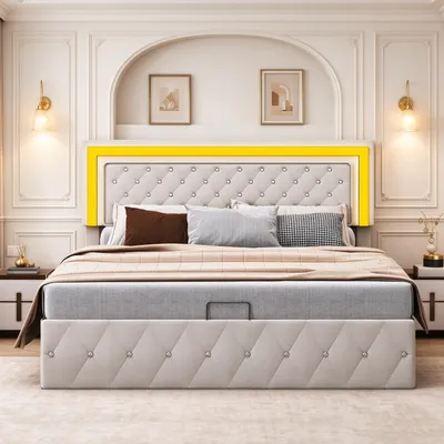 Image de Lit boxspring 140x200 cm avec sommier à lattes et espace de rangement, lit double pour adolescents avec éclairage LED et coffre de rangement, lit avec espace de rangement, tissu velours, couleur beige