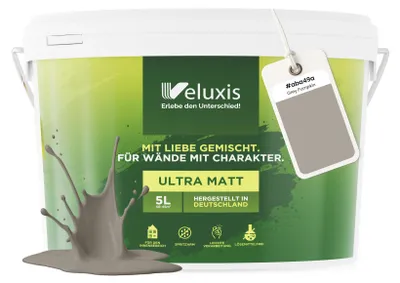 Produktbild von Wandfarbe Grau Beige Braun Matt Innenfarbe – Deckkraft Klasse 1, VOC-frei, Ohne Grundierung, Tropfarm – Wohnzimmer & Schlafzimmer – 5L – Veluxis (Grey Pumpkin)