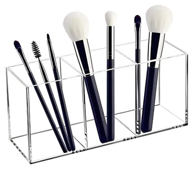 Produktbild von Make-up-Pinselhalter, Aufbewahrungsbox für Kosmetikpinsel mit 3 Fächern, Aufbewahrungsbox aus Acryl für Make-up, Organizer für Eyeliner, Lippenstift und Pinsel