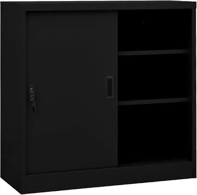 Productafbeelding van Stalen kantoorkast, zwart, met 2 schuifdeuren. Metalen kantoorkast, archiefkast, metaal, schuifdeuren, met opbergruimte, staal, kleur zwart, 90 x 40 x 90 cm
