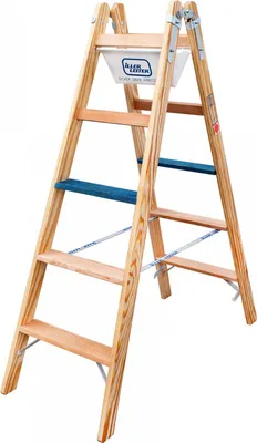 Produktbild von Iller Holz Stufenstehleiter ERGO Plus inkl. Werkzeugtasche und Eimerhaken 2x5 Stufen 2,78m AH