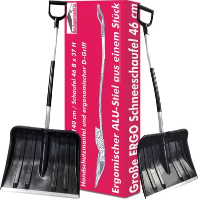 Produktbild von Schneeschaufel 46 cm gross breit mit ergonomischem Aluminium-Stiel und D-Griff Schneeschieber Schneeräumer ergonomisch Spatengriff Schildschaufel Alu-Kante Kunststoffblatt Schneeschippe Schneeschüppe
