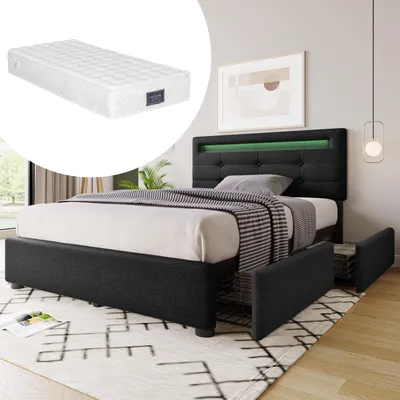 Obrázek produktu pro Postel s LED osvětlením a dvěma zásuvkami, včetně matrace, jednolůžko s čalouněnou konstrukcí, rozměry 90x200 cm, s nastavitelnou výškou opěrky hlavy