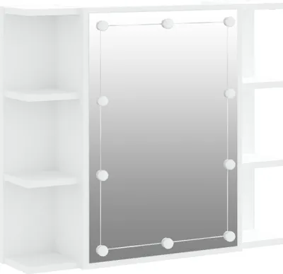 A white mirrored cabinet with LED lights and shelves.