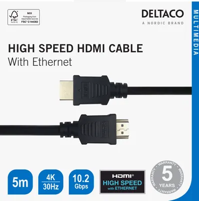 Produktbild von Deltaco 100015, 5 m, HDMI Typ A (Standard), HDMI Typ A (Standard), 3840 x 2160 Pixel, 10,2 Gbit/s, Schwarz
