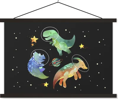 Produktbild von MuchoWow® Textilposter Sterne - Dinosaurier - Kind - Mädchen - Jungen - Kinder - Kinder 120x80 cm mit schwarzem Rahmen - Wanddeko