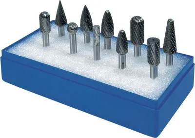 Obrázek produktu pro Sada frézovacích nástavců, dřík 6 mm, 10 kusů, z karbidu, křížové, v plastovém pouzdře