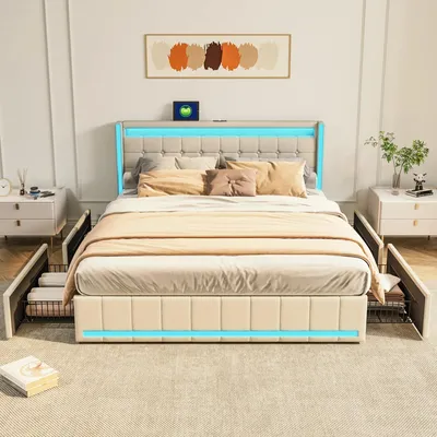 Productafbeelding van Gestoffeerd bed - Tweepersoonsbed 140x190 cm - Lattenbodem - 4 lades - LED-verlichting & USB-aansluiting - Linnenstof - Zonder matras - Beige