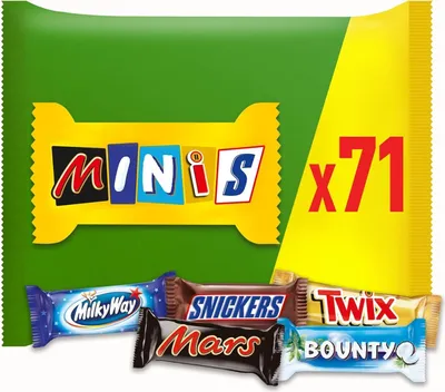 Produktbild von MIXED Minis | Snickers, Mars, Twix und weitere Mini Schokoriegel | Großpackung Schokolade | Party Mix | 71 Riegel | 1,4kg