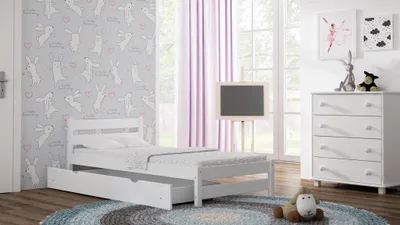 Produktbild von Stabiles Einzelbett für Kinder, Meble Wróbel, Kiefernholzbett Karo, 90 x 190 cm, Weiß