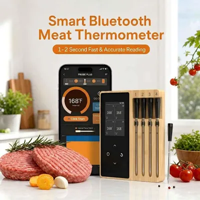 Produktbild von AIORBER Kabelloses Fleischthermometer 4 Sonden Bluetooth Grillthermometer Digitales Bratenthermometer mit App IPX7 Schwarz