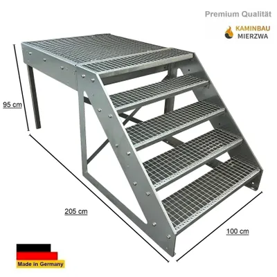A metal staircase with grating on the steps and platform, with dimensions indicated.