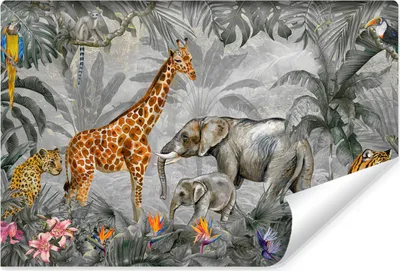 Produktbild von Muralo Vlies Fototapete wilde TIERE tropische Pflanzen Vintage Stil Br. 368cm x Hö. 254cm
