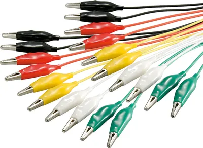 A collection of alligator clip test leads in various colors.