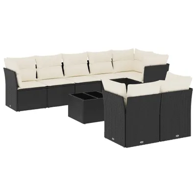 Produktbild von Modulares Garten-Loungeset 9-tlg., Schwarz Poly Rattan mit Hartglas-Tisch, UV-beständig, inkl. 8 Sitzkissen mit waschbaren Bezügen & 13 Rückenkissen