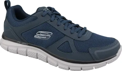 A side view of a navy blue Skechers athletic shoe.