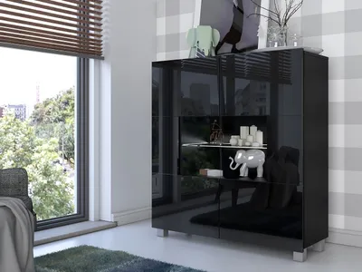 Image de Commode vitrée avec éclairage LED bleu CHEMUNG – noir / noir brillant