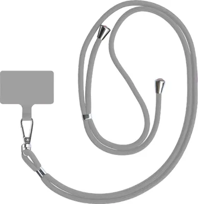 A gray universal phone lanyard with a small rectangular attachment and a metal clasp.