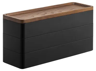 Schmale 3-stöckige Aufbewahrungsbox mit Deckel, 24x8x11,5 cm, schwarz