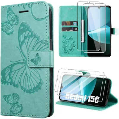 Image de Coque + 2 Verres Trempés pour Xiaomi Redmi 15C 4G/5G, Antichoc Effet Cuir Vert Motif Papillon