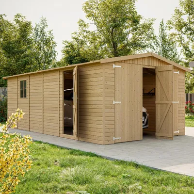 Produktbild von Holzgarage 18 m² − Abstellraum mit Fenstern − H222xL616xB324 cm − Plattenkonstruktion aus Naturholz − Gartenwerkstatt − Auto- und Geräteschuppen −TIMBELA M102