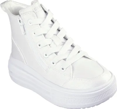 A white high-top sneaker with laces and a side zipper.