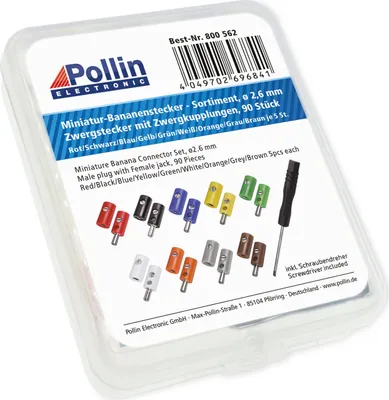 Produktbild von 90-teiliges Zwergstecker-Sortiment mit Stecker, Kupplung und Schraubendreher | Ø 2,6 mm | 9x 5 Stück pro Farbe | Elektronik Verbindungsset inkl. Schraubendreher | ABS-Material | Miniatur-Stecker