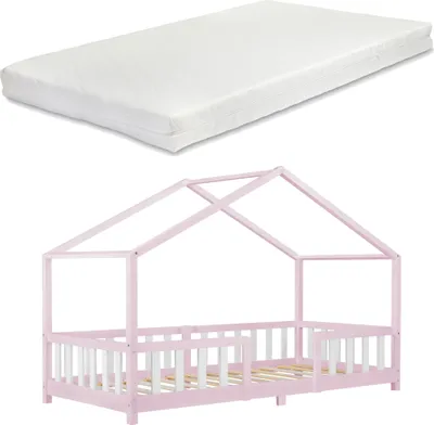 Produktbild von Kinderbett 'Treviolo' mit Matratze und Rausfallschutz 90x200cm Rosa / Weiß