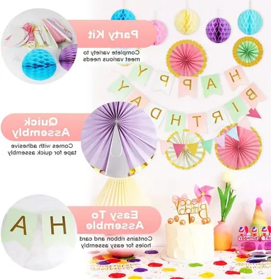 Set von Geburtstagsdekorationen mit Macaron-Banner und Papierfächern