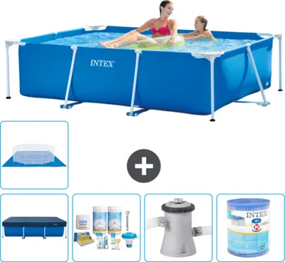 Obrázok produktu pre Bazén Intex s obdĺžnikovým rámom - 220 x 150 x 60 cm - modrý - obsahuje kryt - balík na údržbu - filtračné čerpadlo pre bazén - filter - zemný kryt