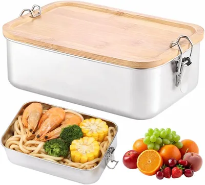 Imagen del producto de Lonchera de acero inoxidable de 1400 ml, a prueba de fugas, con tapa de madera, ideal para la escuela y el trabajo