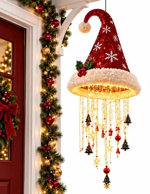 Produktbild von Weihnachts-Hängelicht mit LED, Weihnachtsmütze mit warmweißem Licht, Sternen-Dekoration, für Innen- und Außenbereich, 29 x 24 x 24 cm