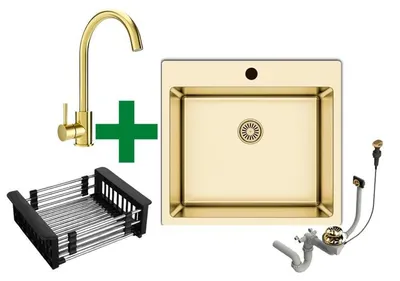 Produktbild von [Edelstahlspüle 50,5x55 + Spülkorb mit Armatur] Hochwertig eckig Edelstahl Spülbecken f. Unterschränke ab 45 cm inkl. Siphon-Set, Farbe:Gold