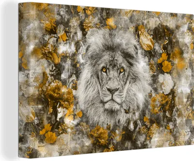 Zdjęcie produktu dla OneMillionCanvasses® - Wydruki na płótnie - 140x90 cm, Lew - Kwiaty - Gazeta, dekoracja ścienna z grafiką ścienną