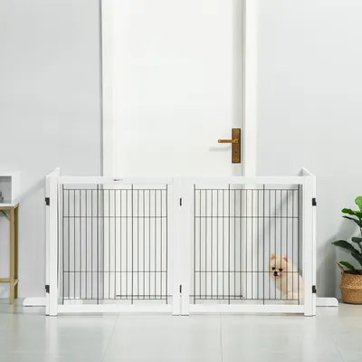 Produktbild von SUGIFT Hundegitter Kiefernholz Stahlnetz, Absperrgitter Hund 4 Paneele freistehend klappbar, Weiß-Schwarz | Anti-Rutsch-Füße | 10 kg | 305 x 82 cm