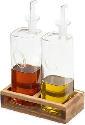 Image de Bouteilles en verre pour huile et vinaigre avec bec verseur - support en bois
