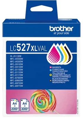 Produktbild von Brother LC527XLVAL, Hohe (XL-) Ausbeute, Schwarz, Cyan, Magenta, Gelb, Tinte auf Pigmentbasis, Tinte auf Pigmentbasis, 4 Stück(e), Value pack
