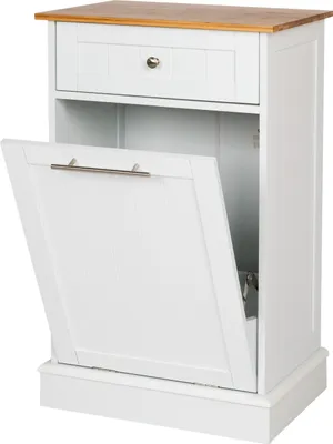 A white wooden cabinet with a brown wooden top, featuring an open door revealing an interior space. The cabinet has a single drawer with a silver handle.