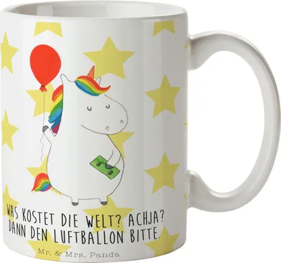 Produktbild von Mr. & Mrs. Panda Kaffeetasse Einhorn Luftballon - Weiß - Geschenk, Freundin, bedruckt, Einhörner, Lebenslust, Geld, schöne tasse, Unicorn, Kaffeebecher, Teetasse