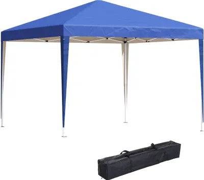 A blue pop-up canopy tent and its carrying bag are displayed against a white background.