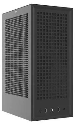 A black computer case is shown from the front.