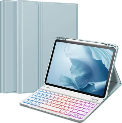 Produktbild von Fintie Tastatur Hülle für iPad Pro 11 Zoll 2022 / iPad Pro 11 2021/2020/ 2018 - Soft TPU Rückseite Gehäuse mit stifthalter, Abnehmbarer QWERTZ Tastatur mit Hintergrundbeleuchtung, Eisblau