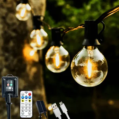 Produktbild von LUMILED Solárne rozprávkové svetlá pre exteriér 15,05M G40 30x LED + 2 náhradné žiarovky, 8 prevádzkových režimov, s diaľkovým ovládaním, solárny panel s batériou 1800mAh, teplá biela 2700K IP44 solárne rozprávkové svetlá guľové žiarovky solárna lampa záhradné vonkajšie rozprávkové svetlá