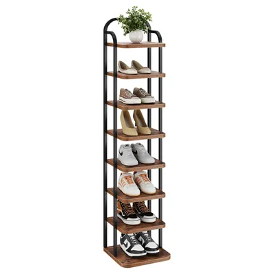 A tall, narrow shoe rack with eight wooden shelves and black metal supports, displaying various shoes on each shelf. A small plant sits on the top shelf.