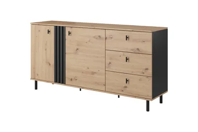Produktbild von BETTSO Kommode Madis Braun Eiche - 3 Schubladen, 2 Türen, Schwarze Metallbeine, 165x82x40