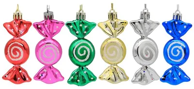 6 Weihnachtsbonbon-Ornamente, Glitzer-Zuckerstangen 10 cm