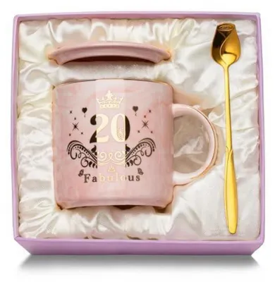 Immagine prodotto di Tazza da caffè per il 20° compleanno, decorata con motivi marmorizzati, in Vetroceramica, capacità 400 ml, con coperchio, cucchiaino e biglietto di auguri, confezione regalo