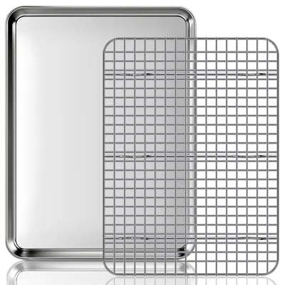 Produktbild von Backblech Set von 2 - Edelstahl - Mit Kühlrost - 40 x 30 x 2 cm - Spülmaschinenfest - Antihaftbeschichtung - Stoßfest - Grillplatte
