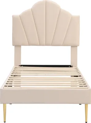 Produktbild von Flieks Polsterbett 90x200cm mit Lattenrost, Jugendbett Kinderbett mit Muschelförmigem Kopfteil, Einzelbett Massivholzbett Klassisches Bett, Samt, Beige