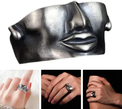 Produktbild von Mode-Ring, kreatives Design, Galvanik-Textur, halber Gesichtsring für Männer, trendiger Persönlichkeitsring, Schmuck, Geschenk
